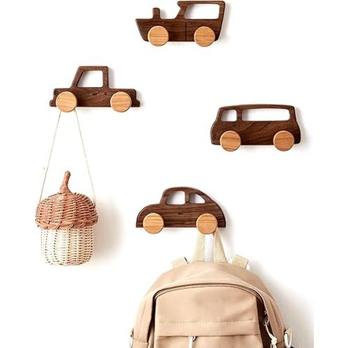 Kids Coat Hooks Wall Mount, Walnut Car-Shaped Coat Rack Heavy Duty for Bathrooms,Kids’ Room,Door,Nursery,Entryway, 4 Pack Wood Wall Hooks for Hanging Hats,Backpacks,Towels,Keys&Clothes