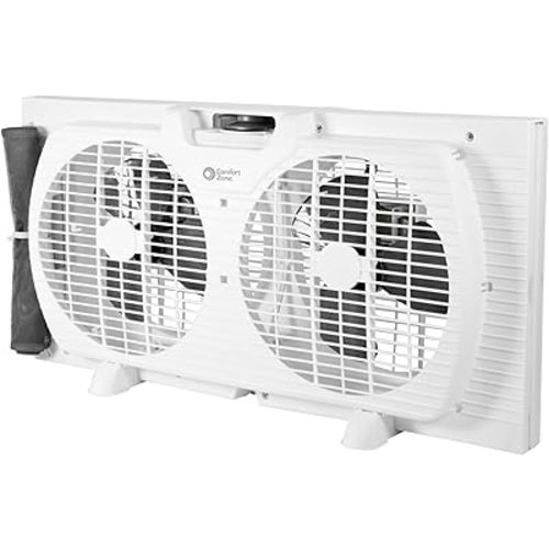 Comfort Zone Window Fan for Bedroom, 9 inch 3 Speed Dual Fans with Auto-Locking Expanders, Window Exhaust Fan, Removeable Bug Screen, White