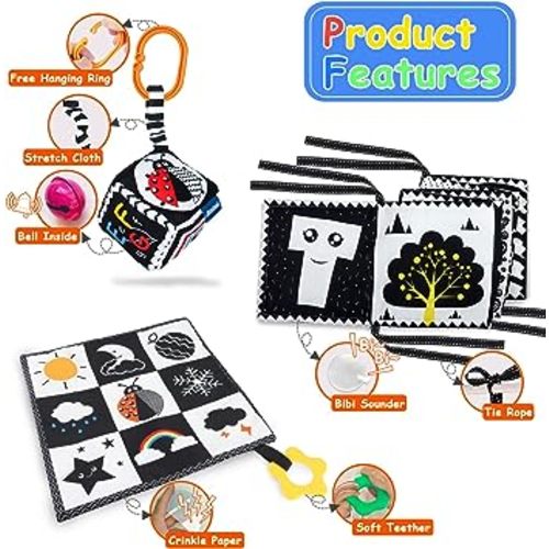 KUANGO 3 Pcs Black and White High Contrast Baby Toys 0-3 Months for Newborn, Montessori Toys for Babies Sensory Soft Book for Early Education, Infant Tummy Time Toys 0 6 9 Months Baby Gifts - S1(NORMAL)