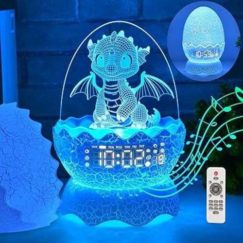 Dragon Egg Alarm Clock for Bedrooms, Small Digital Clock Night Light with Baby White Noise Machine for Sleeping, Bluetooth Speaker, 16 Colors Dragon Gifts for Kids/Adult