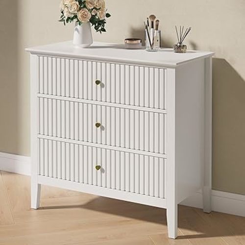 RoyalCraft White Fluted 3 Drawer Dresser, 32 inch Wide Dresser Nightstand for Bedroom, Modern Wood Chest of Drawers, Large Painted Nightstand with 3 Drawers for Closet, Hallway, Entryway