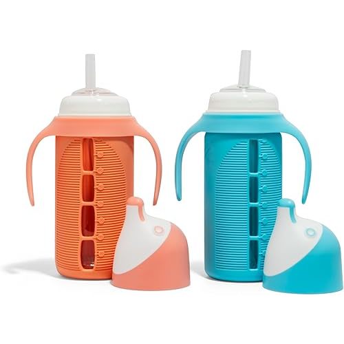 Set of 2 - Glass Sippy Cup for Toddlers - The Luca | Spill-Proof | Silicone Straw | Blue & Orange | 8 oz | Liquids Never Touch Plastic | Removable Handles… (Blue)
