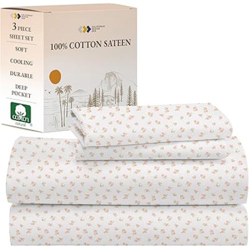 California Design Den Twin Floral Sheet Set, 100% Cotton Deep Pocket Twin Sheets & Pillowcase Set, Soft Sateen Weave - Chic Floral