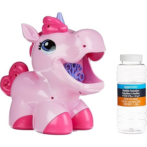 Amazon Basics Kids Outdoor Automatic Unicorn Bubble Blowing Machine With Solution, Gift for Age 3Y+, Pink