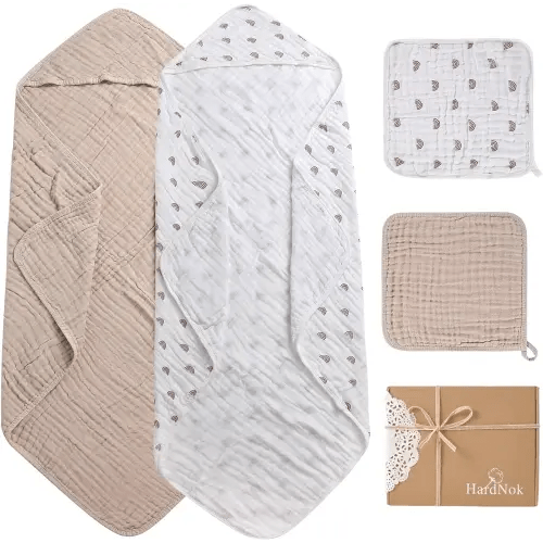 Muslin Baby Hooded Towels 4 Pack, Premium Muslin 6 Layers Natural Cotton Baby Bath Towels, Soft and Comfortable for Boys,Girls (32 x 32, Boho Rainbow Brown)
