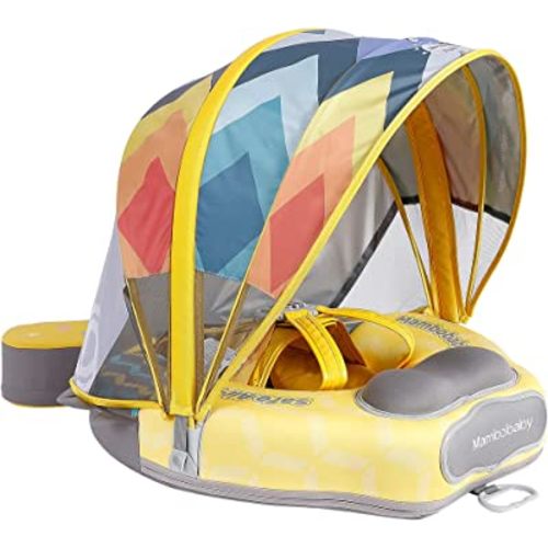 Mambobaby Float Upgrade Add Tail Baby Float with Canopy for Infant Waist Swimming Ring Swim Trainer Non-Inflatable Floats Toys with Adjustable Safety Strap (Yellow - Colorful Fish)