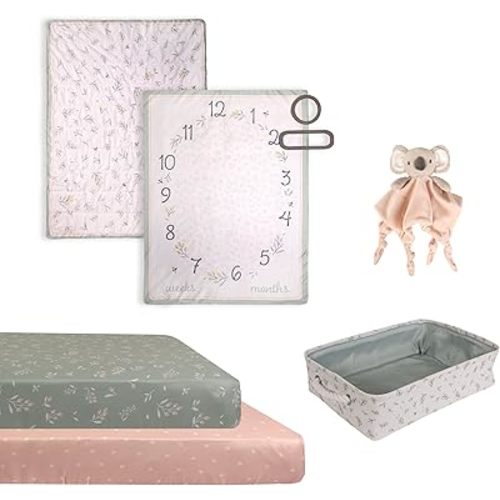 5-Piece Baby Nursery Bedding Set, Nature EXPRESSIONS – Reversible Milestone Blanket, 2 Soft Crib Sheets, Plush Buddy & Storage Tote – Cozy & Stylish Baby Essentials – Perfect