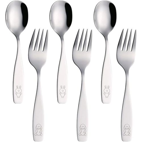 Exzact Children Flatware 6pcs - 3 x Forks, 3 x Spoons - Toddler Utensil Kids Silverware Cutlery Stainless Steel - Dishwasher Safe