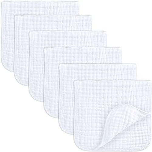 Comfy Cubs Muslin Burp Cloths Set Large 100% Cotton Hand Washcloths for Babies, Baby Essentials 6 Layers Extra Absorbent and Soft Boys & Girls Baby Bibs & Burp Cloths Set (White, 6-Pack, 20" X10")