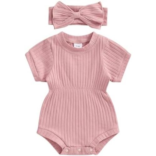 Karwuiio Newborn Baby Girl 2 Piece Outfits Short Sleeve Knit Jumpsuit Romper with Headband Summer Clothes