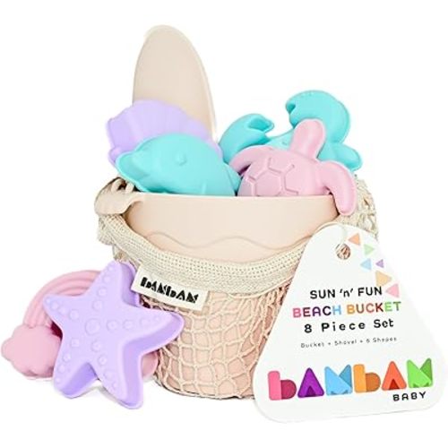 BamBam Baby – Premium Silicone Beach Toys for Toddlers & Baby | 100% BPA Free, Safety Tested | 8 Piece Sand Bucket Set for Ages 6 Months and Up - (Blissful Pink)