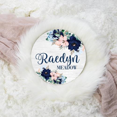 Pink and Navy Floral Round Wood Name Sign, Navy Blush Baby Sign, Round Wood Baby Name Sign, Baby Announcement Sign, Floral Nursery Decor F19