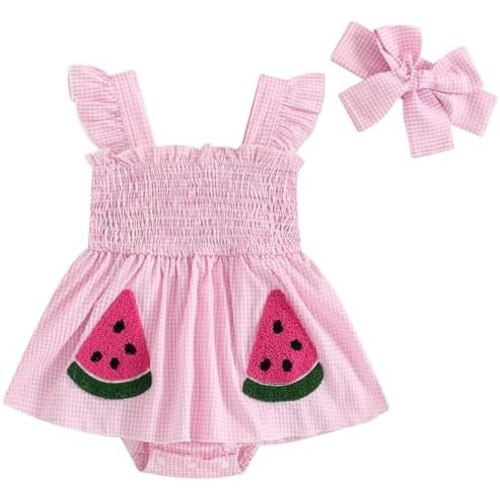 Mubineo Baby Girl Summer Dress Ruffle Fruit Clothes Flutter Sleeveless Smocked Infant Rompers Plaid Boho Dress Outfits