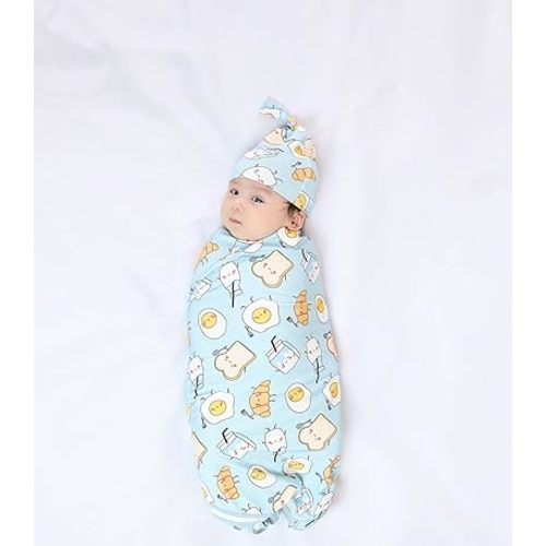 Newborn Baby Swaddle Blanket with Hat Set-Viscose Made from Bamboo,Baby Boys Receiving Blankets Girls Wearable Wrap Blue Egg One Size