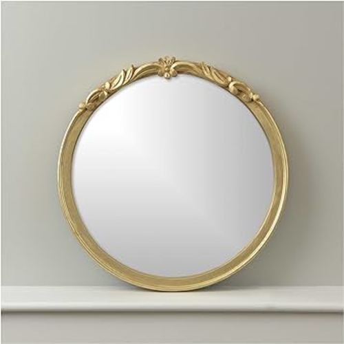 Best Home Fashion Round Carved Mirror - Gold Finish Wood Frame - Wall Hanging - 20” Oval