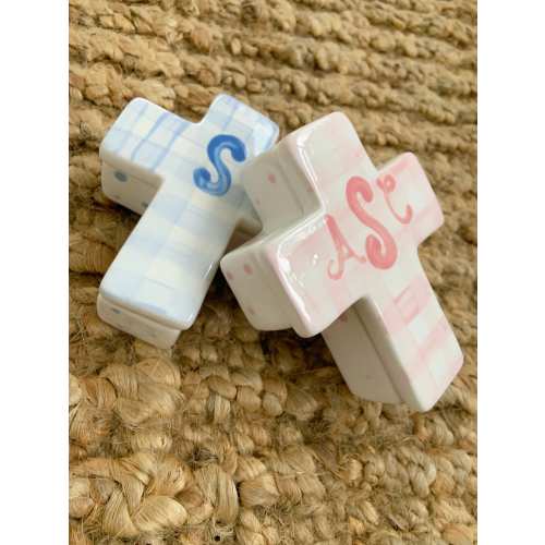 Gingham monogram Cross trinket box // Easter // nursery // pink and white // blue and white