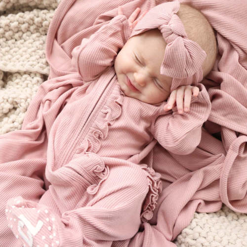 Vintage Rose Waffle Bamboo Zipper Ruffle Footie*