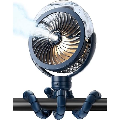 Stroller Fan with Mist, 6000mAh Battery Operated Portable Fan with Light & 360° Pivoting, Personal Fans with Flexible Tripod for Baby, Office, Travel,Outdoors