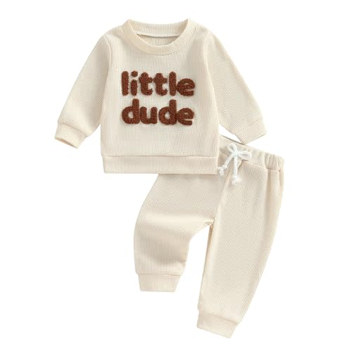 NZNDSHD Toddler Boy Clothes Little Dude Baby Boy Outfit Mamas Boy Little Bro Embroidered Sweatshirt Waffle Knit Pants Set