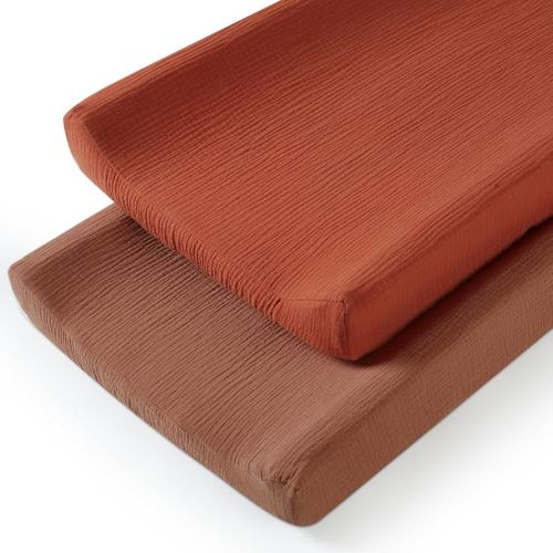 TILLYOU Muslin Changing Pad Cover for Girls Boys, Soft and Breathable Baby Diaper Changing Pad Cover, 2 Pack Caramel&Brown