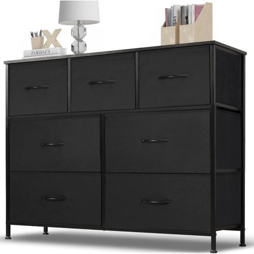 7 Drawer Dresser, Wide Chest Of Drawers Nightstand Storage Tower Storage Dresser Fabric Dresser With Wood Top for Living Room, Bedroom, Hallway, Nursery, Black
