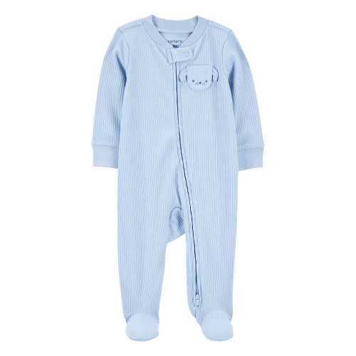 Blue Baby Dog Pocket 2-Way Zip Ribbed Sleep & Play Pajamas - Blue