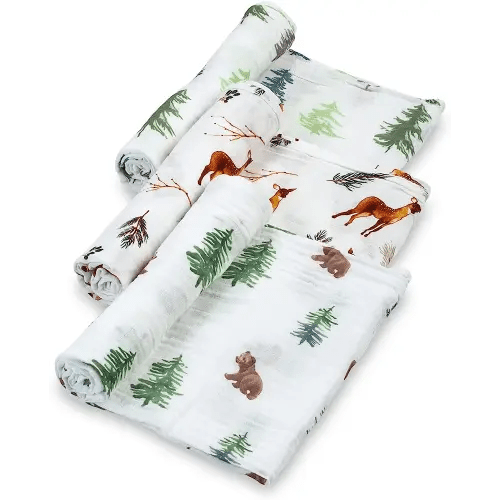 LollyBanks Baby Blankets, 100% Muslin Cotton Swaddle Blanket for Boys and Girls, Soft and Large 47 x 47 Inches Newborn Swaddle, Breathable Baby Receiving Blankets, Registry (Forest Theme 3 Pack)