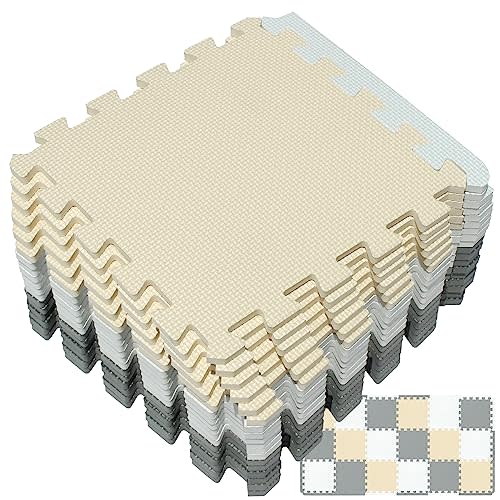 Yostrong® 18 Tiles Interlocking Puzzle Foam Baby Play Mat with Straight Edges for Playing - EVA Babies Crawling Mat | Rubber Floor Work Out Mats for Home Gym. White, Beige, Gray. YOC-AJLb18S18