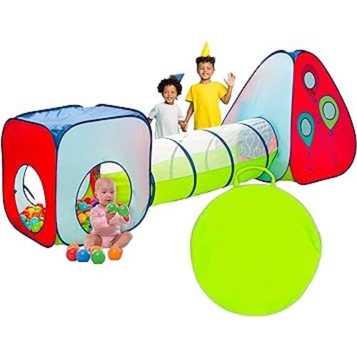 Kiddey Tunnel and Ball Pit Play Tent | 3pc Pop Up Toddler Gym Tunnels with Tents for Kids, Toddlers, Infants Boys & Girls | Indoor & Outdoor Gift Game | Baby Crawling Pits for Playground