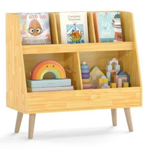 Costway 5-Cube Kids Bookshelf and Toy Organizer Wooden Storage Bookcase with Wood Legs Beige