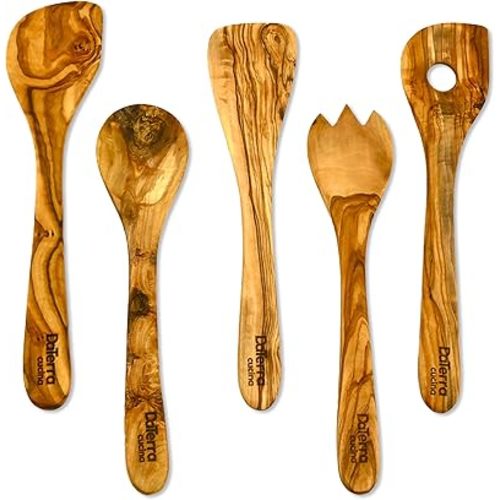12-Inch Olive Wood Cooking Tools – 5-Piece Wooden Kitchen Utensils Set with Spoons, Spatulas & Cooking Tools – Wood Kitchen Utensils Set for Cooking – Crafted Wood Essentials by DaTerra Cucina