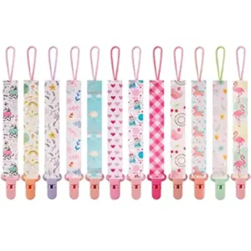 12 Pack Pacifier Clips with Strap 25.5cm - Premium Polyester Baby Pacifier Holder Set, Multi-Design Clips for Girls Boys(Multi Color B)
