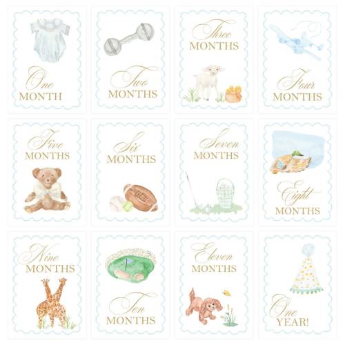 READY TO SHIP | Boy Watercolor Milestone Cards with Border, Classic Newborn Stationery, Baby Shower Gift for Mom-to-be, Luxury paper goods
