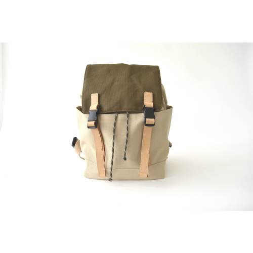 Canvas bucket Backpack with leather strap, Two Toned Travel backpack for Women, small bag 5 pocket - No.309 Alexis