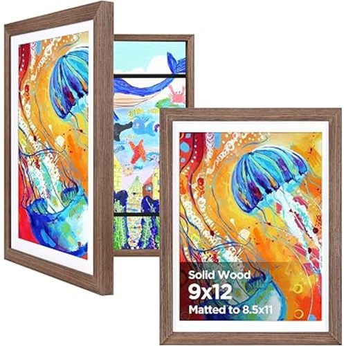 KINLINK 9x12 Kids Art Frames Set of 2, Solid Wood Kids Artwork Frames Changeable with Acrylic Front Opening Holds 150 Pictures, Art Frame for Kids Artwork with Mat or without Mat, Brown Wood