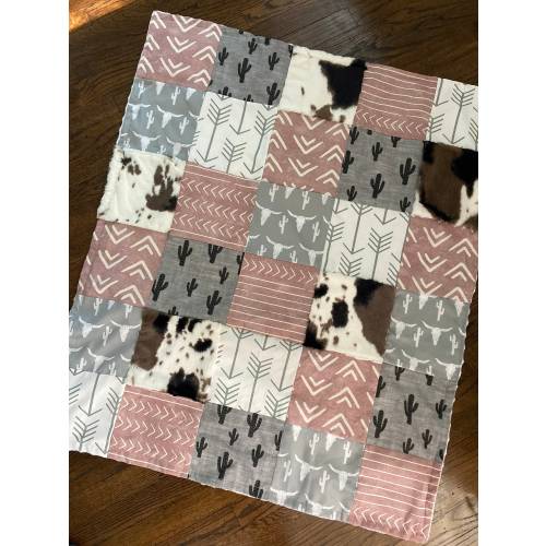 Western Baby Girl Crib Bedding Set in gray and pink with cactus, cowhide, cowgirl and arrow fabrics, baby shower gift, baby girl nursery