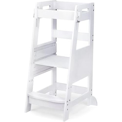 TOETOL Bamboo Toddler Kitchen Step Stool White Helper Standing Tower Height Adjustable with Anti-Slip Protection for Kids Kitchen Counter Learning