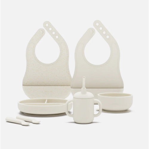 Lalo First Bites Silicone Baby Feeding Set - Baby Led Weaning Supplies - Non-Toxic Silicone - Includes 2 Bibs, 2 Spoons, Training Cup, Suction Plate and Bowl - 6 Pieces - Honey