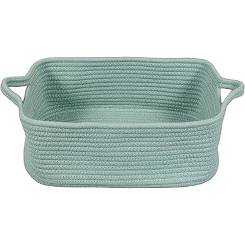 Woven Cotton Rope Storage Basket with Handles for Organizing Shelves Closet Small Cat Dog Pet Toy Baskets Box Bin Decorative Rectangle Baby Nursery Basket Gift Basket Empty (Light Green)