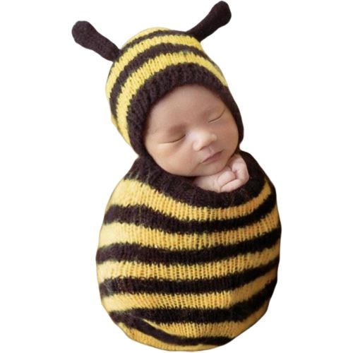 Zeroest Newborn Photography Props Bee Photoshoot Outfits Girl Boy Picture Outfit Baby Photo Knitted Bee Bonnet Romper