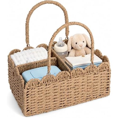 Large Wicker Diaper Caddy Organizer, Scalloped Nursery Basket for Changing Table, Woven Rope Baby Holder with Removable Divider, Portable Organizer for Diapers Wipes Clothes Toys & Essentials (Brown)