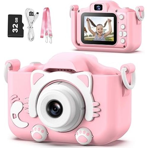 Goopow Kids Camera Toys for 3-8 Year Old Girls Boys,Children Digital Video Camcorder Camera with Cartoon Soft Cover, Best Chritmas Birthday Festival Gift for Kids - 32G SD Card Included