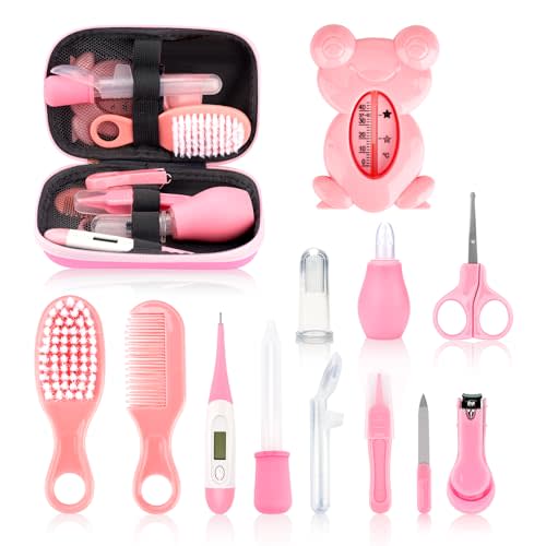 Baby Grooming and Healthcare Kit, Infant Safety Care Set with Hair Brush Comb Nail Clipper Nasal Aspirator,Baby Essentials Kit for Newborn Girls Boys (13 in 1, Pink)