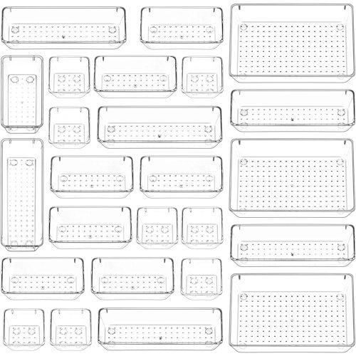 Puricon 25 Pcs Clear Desk Drawer Organizers Set, 4-Size Plastic Bedroom Vanity Dresser Tray Acrylic Bathroom Storage Bins for Makeups Jewelries Kitchen Utensils Gadgets Office Accessories