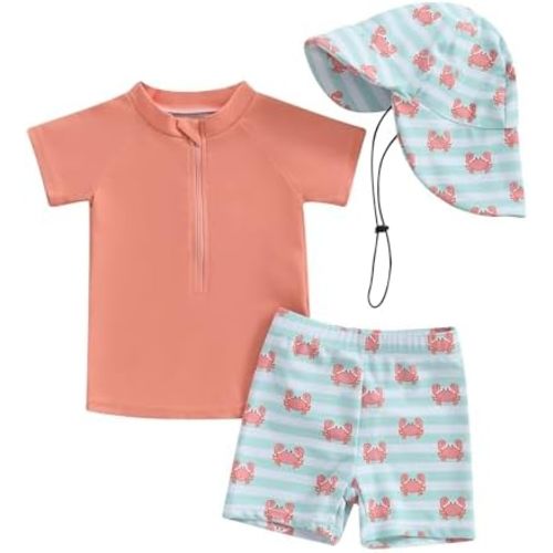 DuAnyozu Baby Boys Swimsuit Long Sleeve Rash Guard Swimwear Baby Boy Swim Trunk with Hat Set 3-Piece Toddler Bathing Suit