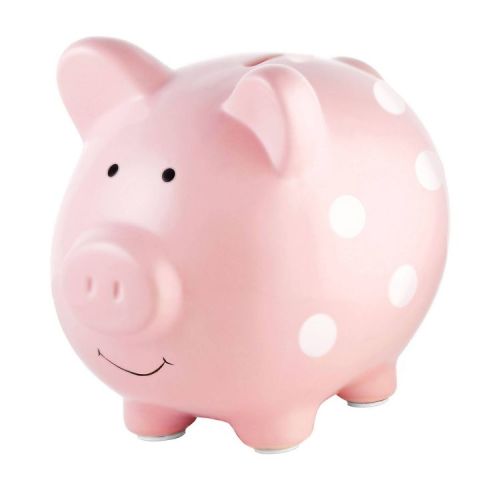 Pearhead Piggy Bank - Pink Polka: Ceramic, 7.5" Depth, 6.75" Height, 1.6 lb