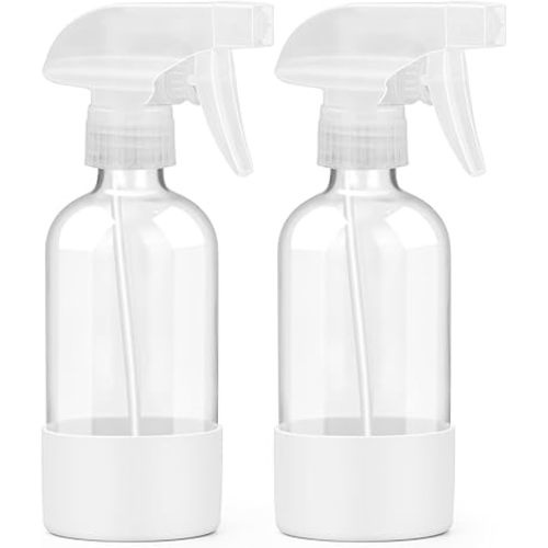 2 Pack Glass Spray Bottles 8 oz, Empty Refillable Containers with Silicone Sleeve Protection, Glass Spray Bottles for Cleaning Solutions, Hair and Plants with Adjustable Nozzles White