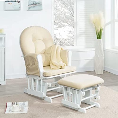Naomi Home Nursery Glider & Ottoman Sets, Reclining Glider Rocker with Ottoman, Nursery Rocking Breastfeeding Maternity Chair for Baby Room, Recliner Glider with Ottoman, Padded Arms - White, Cream