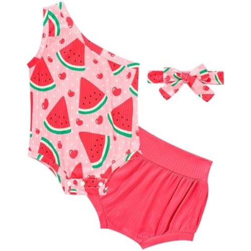 GRNSHTS Baby Girl Clothes Infant One Shoulder Floral Print Romper Diaper Shorts With Headband Cute Summer Outfits
