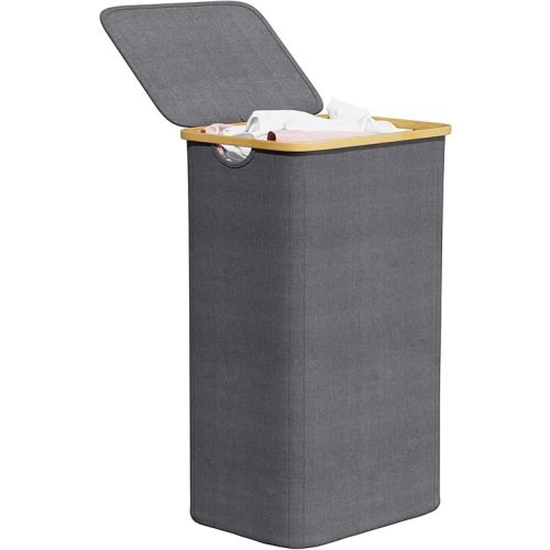 SpaceAid Laundry Hamper with Lid, 110L Large Tall Clothes Basket Bin with Bamboo Handles, Collapsible Laundry Hamper for Bedroom, Bathroom, Dorm, Laundry Room - Grey